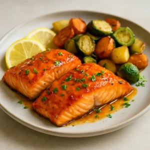 Glazed peri peri salmon served with lemon wedges and parsley