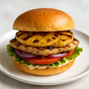 Grilled pineapple chicken sandwich with charred chicken, pineapple, lettuce, tomato, and creamy sauce on a toasted bun