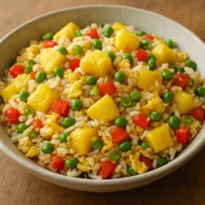 Pineapple fried rice with jasmine rice, egg, vegetables, and pineapple in a shallow bowl