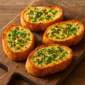 Golden Portuguese garlic bread topped with garlic butter, parsley, Parmesan, and a peri peri olive oil finish