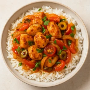 Portuguese rice bowl with seared chicken, peppers, olives, and parsley
