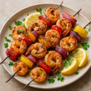 Grilled Portuguese shrimp skewers with peppers, onion, lemon, and parsley
