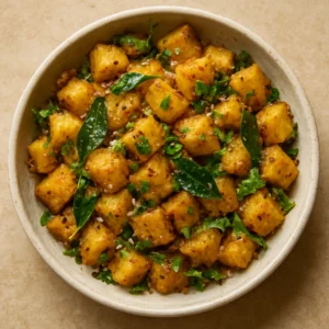 South Indian potato poriyal with curry leaves, coconut, and golden potatoes