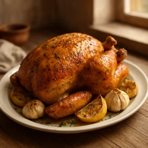 Golden roast chicken with herbs and lemon on a platter