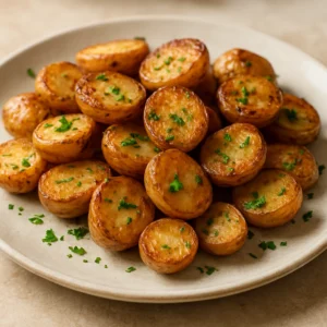 Roasted baby potatoes with crisp golden edges and chopped parsley