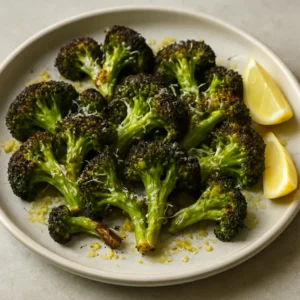 Roasted broccoli with smoked garlic olive oil, Parmesan, and lemon zest