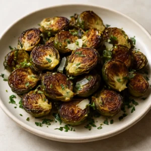 Roasted Brussels sprouts with caramelized edges and savory garlic oil finish
