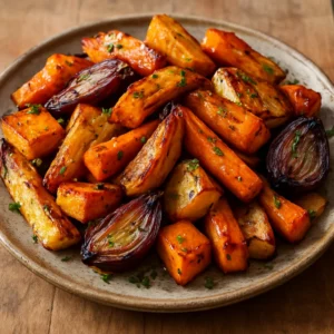 Roasted root vegetables with caramelized edges and a glossy herb finish