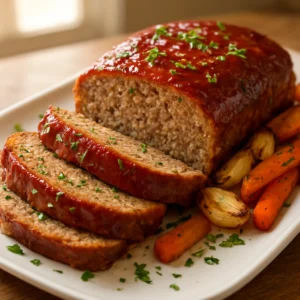 Sliced rustic Italian meatloaf with tomato glaze and parsley on a white platter