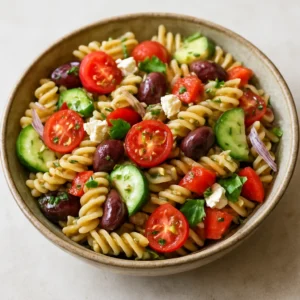 Rustic pasta salad with rotini, tomatoes, cucumbers, olives, feta, and herbs