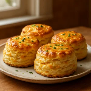 Freshly baked savory breakfast biscuits with cheddar, chives, and a golden flaky crust