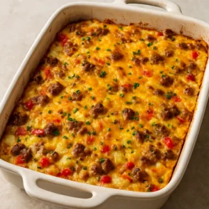 Baked breakfast casserole with sausage, potatoes, eggs, and melted cheddar topped with chives