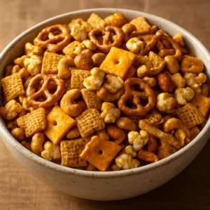 A bowl of savory party snack mix with pretzels, cereal, nuts, crackers, and popcorn