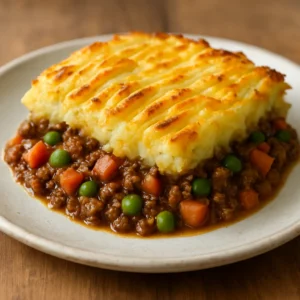 Shepherd's pie with golden mashed potatoes and a herb-finished lamb filling