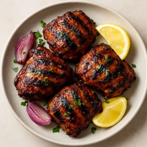 Grilled Nepali chicken thighs with charred edges and cilantro garnish