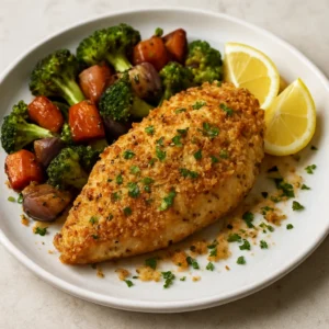 Smoked Garlic Parmesan Chicken with golden Parmesan crumb and lemon wedges