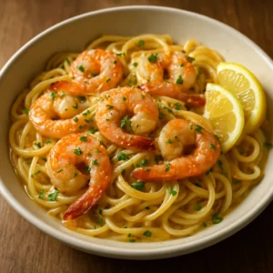 Smoked garlic shrimp scampi with linguine, lemon, and parsley
