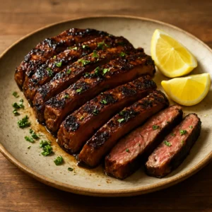 Grilled steak with smoked garlic olive oil marinade and lemon wedges