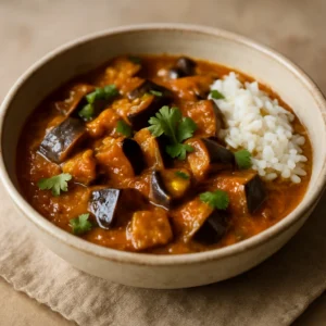 South Indian eggplant curry served in a bowl with cilantro and rice