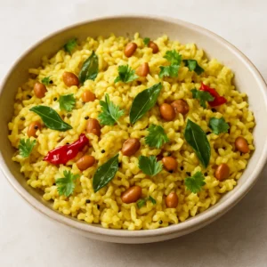 South Indian lemon rice with curry leaves, peanuts, and lemon