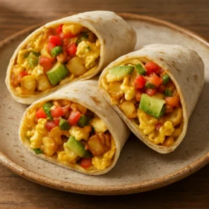 Southwest breakfast burritos with eggs, potatoes, cheese, avocado, and salsa