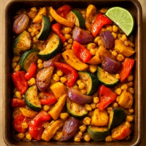 A bowl of roasted zucchini, bell peppers, red onion, and corn with Southwest seasoning