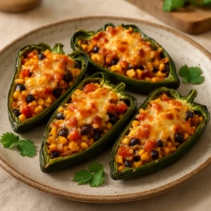 Stuffed poblano peppers with rice, beans, corn, and melted cheese