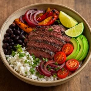 Southwestern carne asada bowls with rice, black beans, grilled steak, avocado, and vegetables