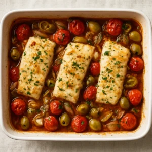 Baked cod with tomatoes and olives in a white baking dish