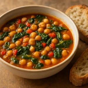 Spanish chickpea and spinach stew with chickpeas, spinach, tomatoes, and rustic bread