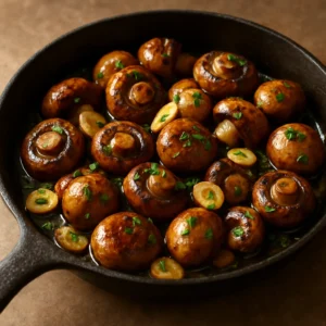 Spanish garlic mushrooms with parsley in a rustic skillet