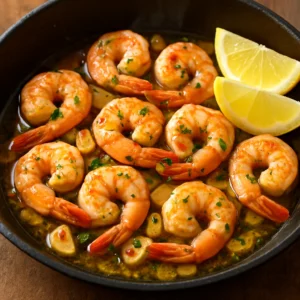 Spanish garlic shrimp in a glossy skillet with garlic, parsley, and lemon wedges