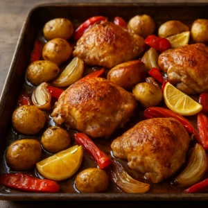 Spanish-style roasted chicken thighs with roasted potatoes and lemon