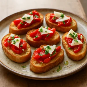 Spanish roasted red pepper and Manchego crostini on toasted bread