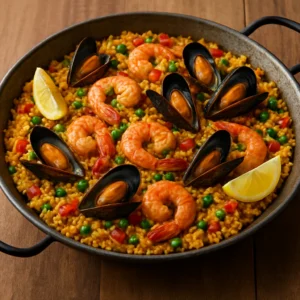 Spanish seafood rice with shrimp, mussels, saffron rice, and lemon wedges