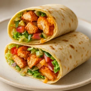Spicy chicken wrap filled with seasoned chicken, fresh vegetables, and creamy sauce