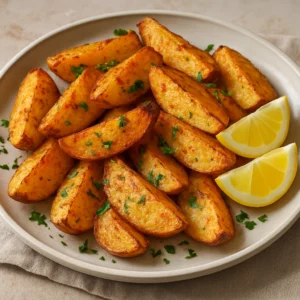 Crispy roasted potato wedges seasoned with peri peri spices, parsley, and lemon