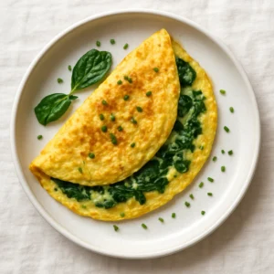 Golden spinach and cheese omelet folded on a white plate with chives