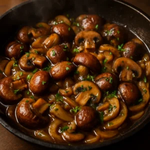 Skillet of steakhouse garlic mushrooms with browned onions and parsley