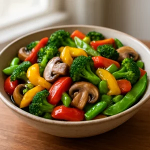 Stir fried vegetables with bell peppers, broccoli, mushrooms, and snap peas