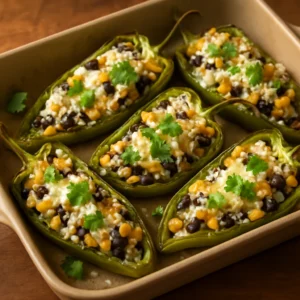 Stuffed Hatch chile peppers filled with rice, beans, cheese, and cilantro
