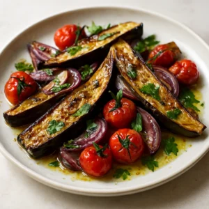 Roasted eggplant with sumac, blistered tomatoes, and fresh parsley on a serving platter