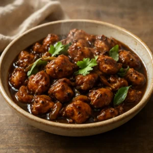 Tamil-style pepper chicken with black pepper, onions, and cilantro