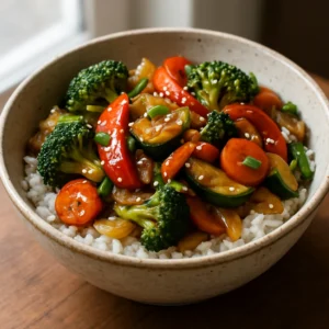 Finished teriyaki vegetable bowl with rice and glossy vegetables