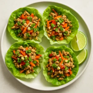 Thai chicken lettuce wraps with ground chicken, crisp vegetables, peanuts, and lime