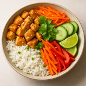 Thai chicken rice bowl with jasmine rice, chicken, crisp vegetables, herbs, and lime wedges