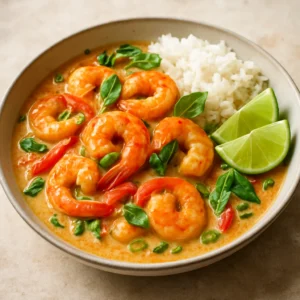 Thai coconut shrimp in creamy coconut sauce with basil and lime served over jasmine rice