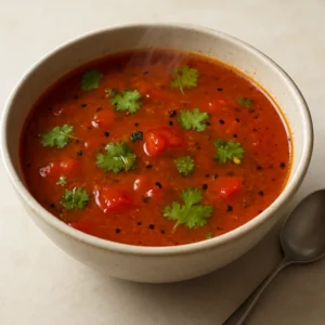A bowl of South Indian tomato rasam finished with a drizzle of oil and cilantro