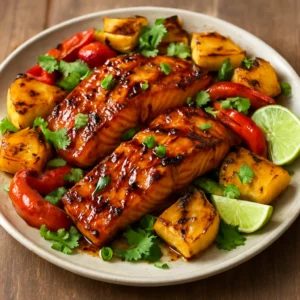 Grilled salmon with pineapple, red bell pepper, cilantro, and lime wedges