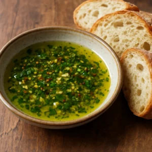 Warm bread dipping oil with herbs, garlic, and crusty bread